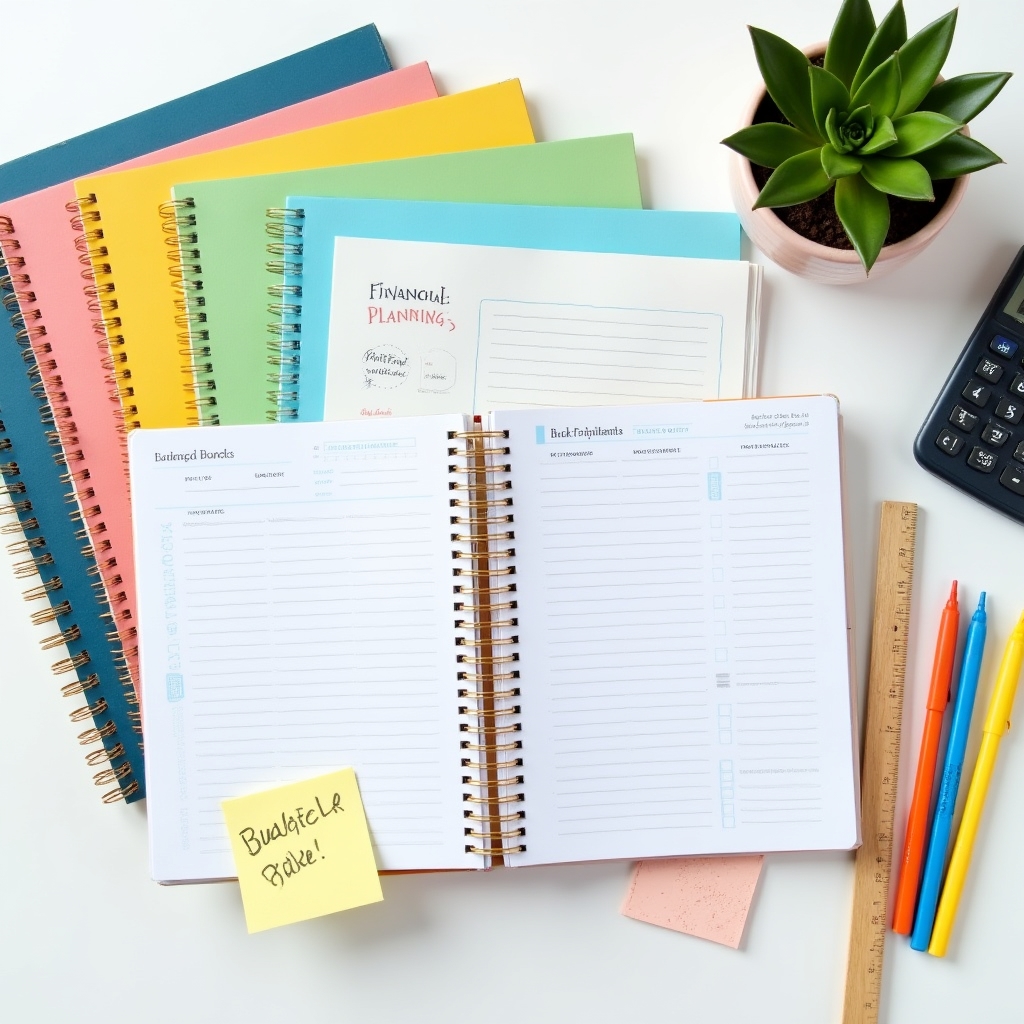 A curated collection of financial planning workbooks, guides, and educational materials spread across a clean white desk