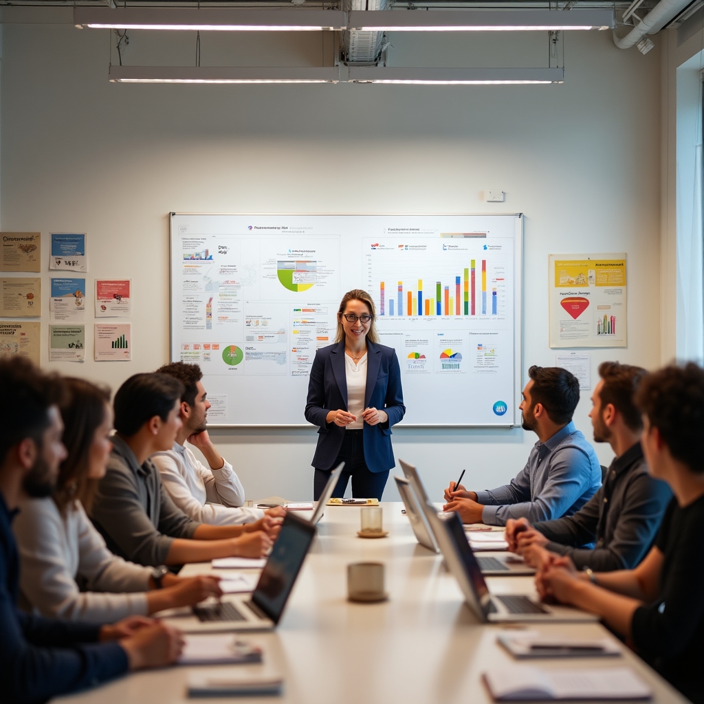 A diverse group of adults participating in a financial literacy workshop in a bright, modern seminar room