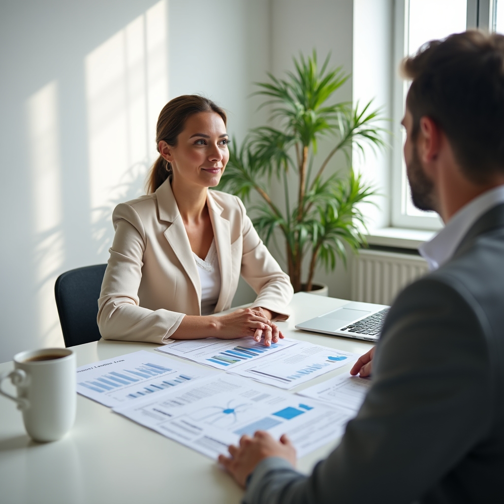 Two professionals engaged in a one-on-one financial consultation at a clean modern desk with documents and a laptop